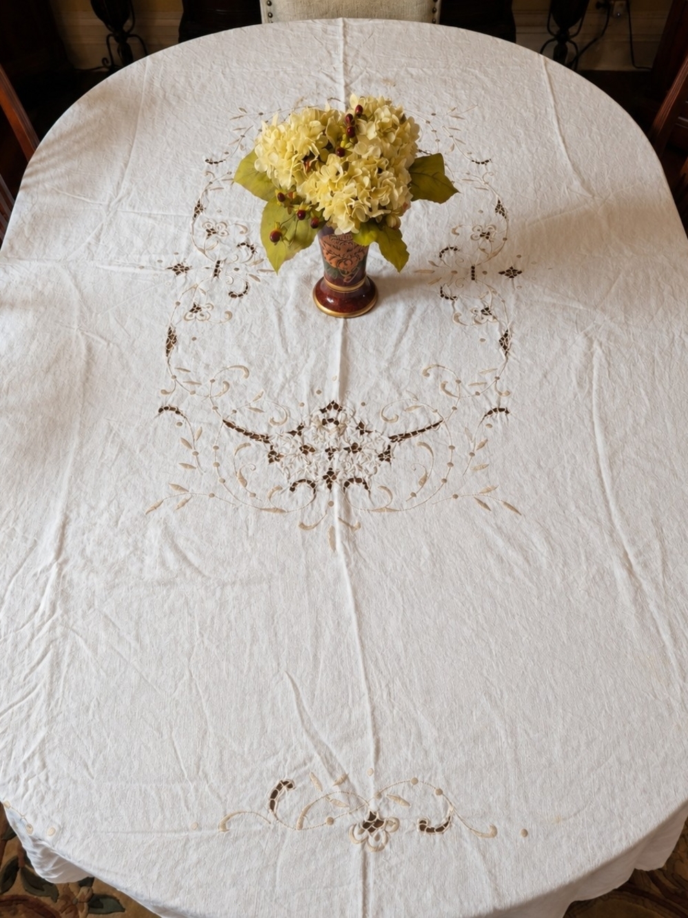 Vintage Linen Embroidered Cutwork Tablecloth 60x79 White Cottagecore